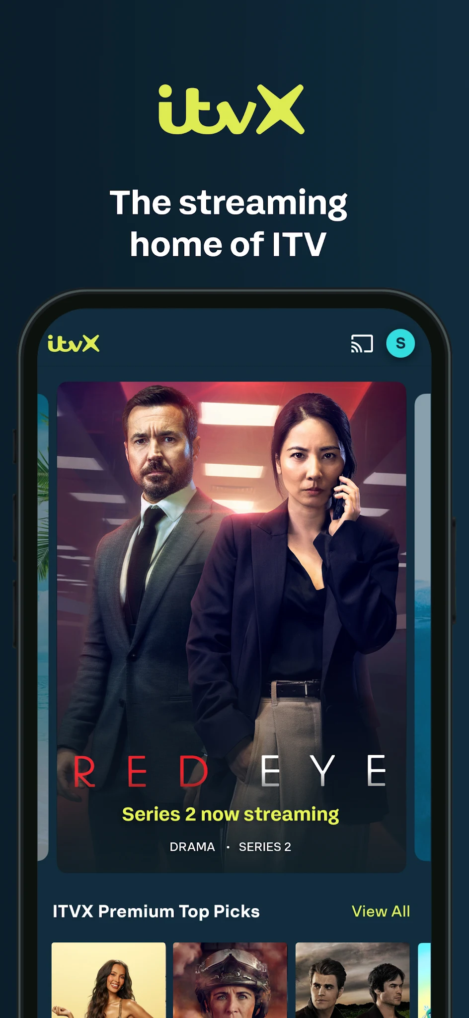 ITVX Android app home screen with streaming series and premium picks