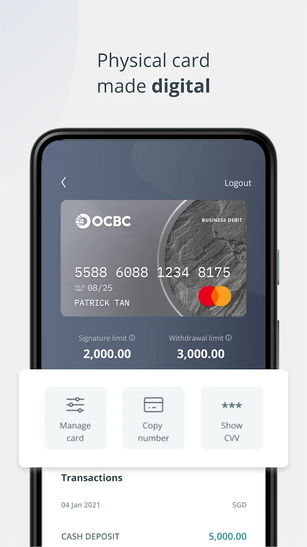 OCBC Business Android digital business debit card controls