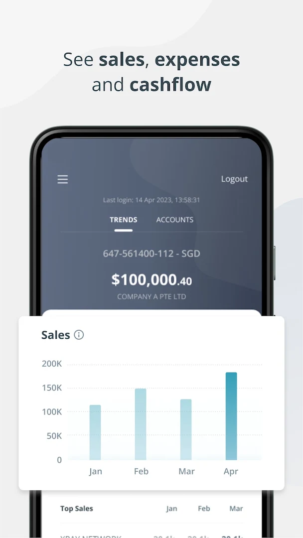 OCBC Business Android app screen showing sales, expenses, and cashflow