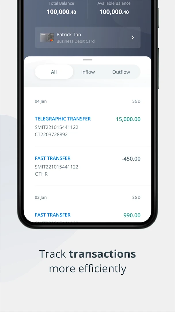 OCBC Business Android transaction history and inflow-outflow filters
