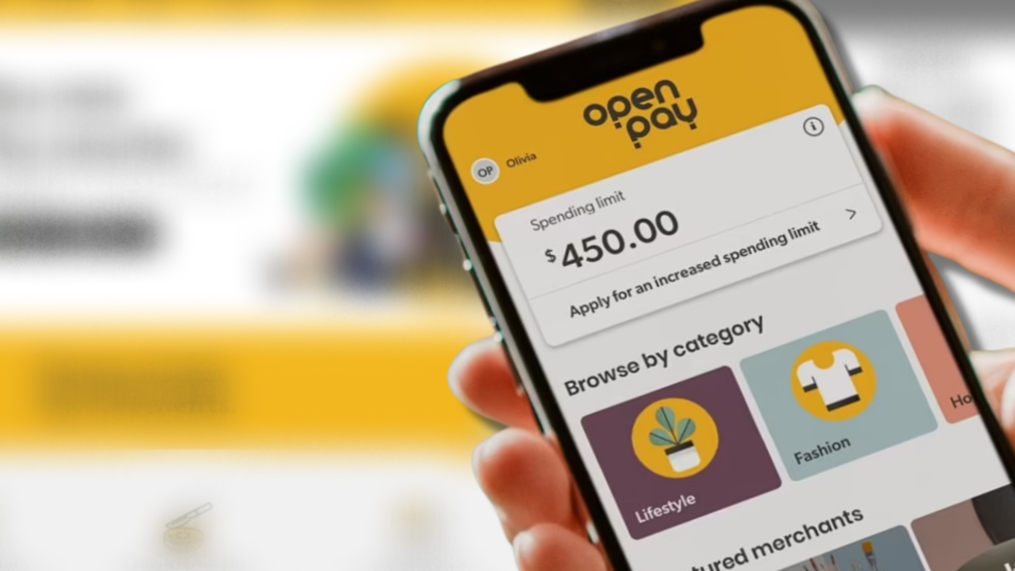 openpay app interface showing spend limits and merchant discovery cards.