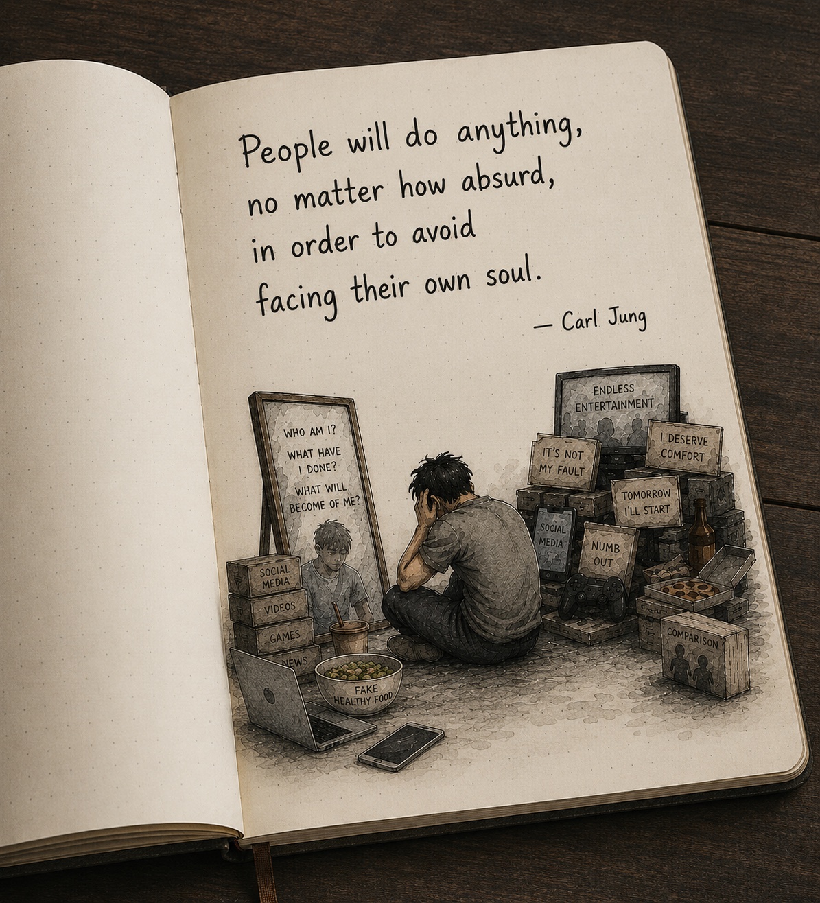 An open notebook illustration with a Carl Jung quotation above a person crouched between a mirror and a fortress of labeled distractions and excuses.