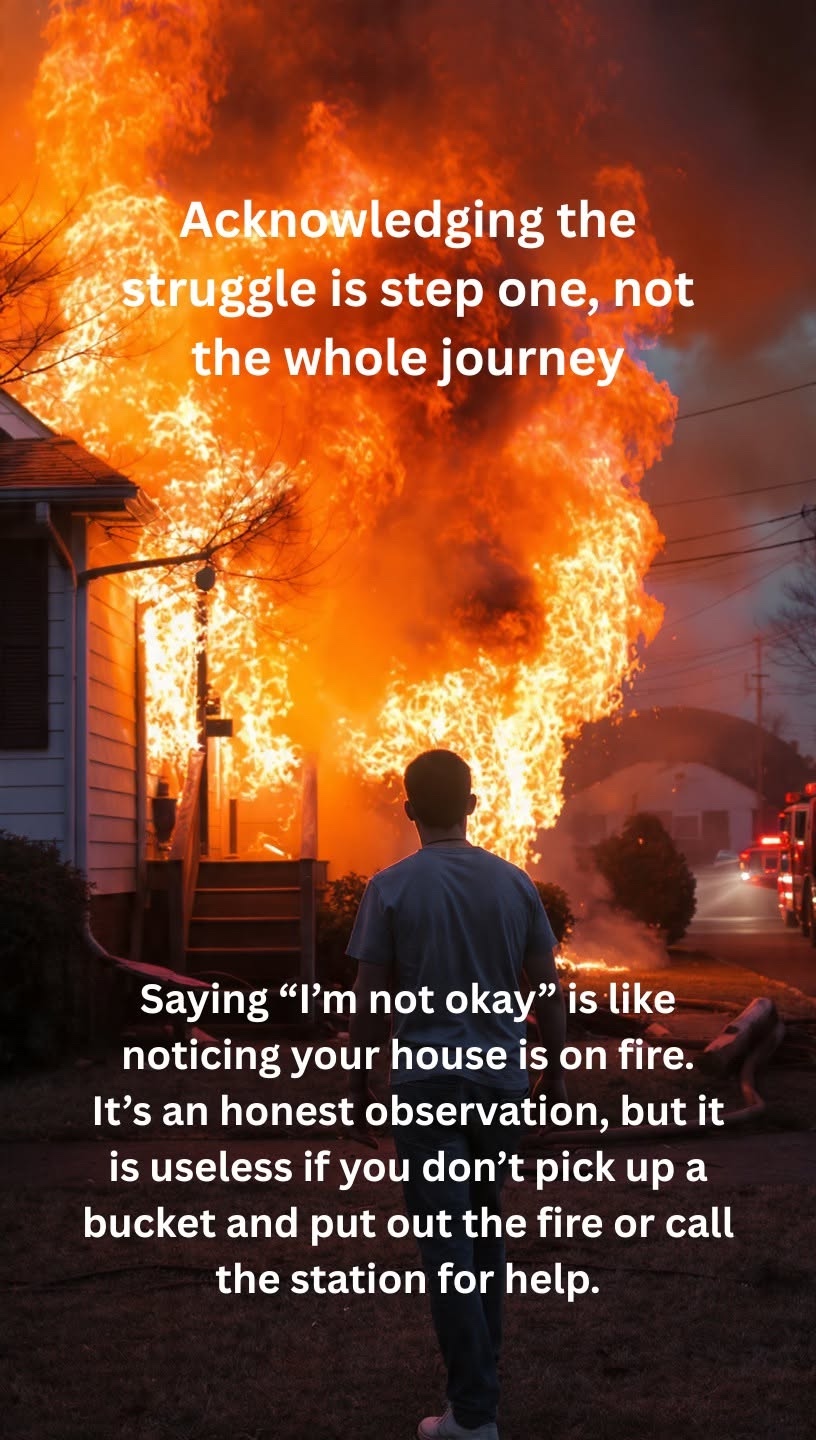 A person faces a house engulfed in flames while overlaid text compares saying I’m not okay to noticing a fire without taking action or calling for help.